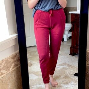 red sweatpants
